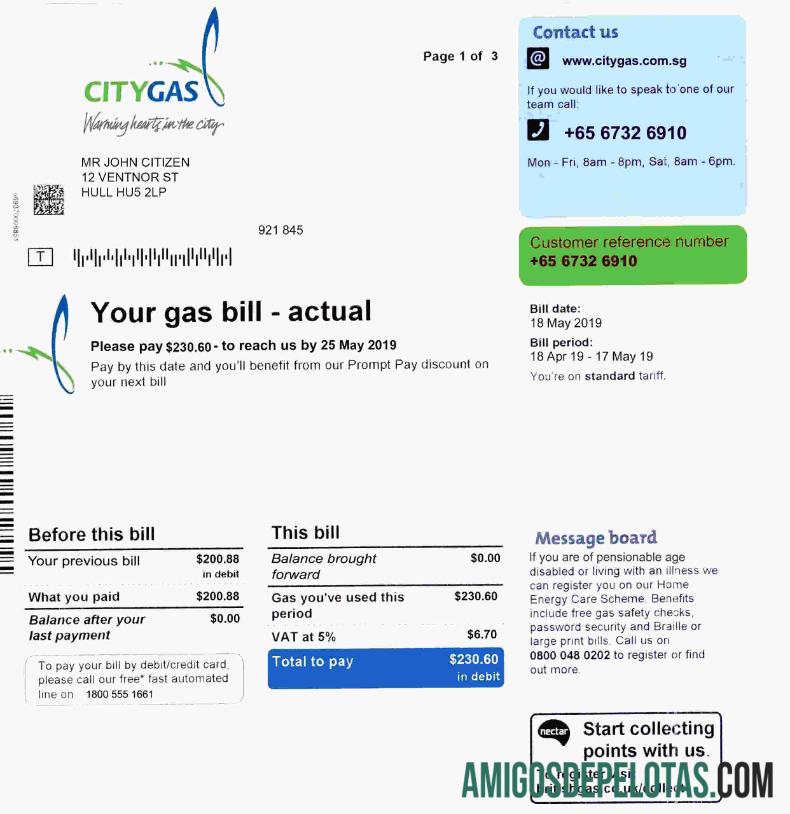 Em branco modelo de conta de serviços públicos de gás da cidade de Cingapura, totalmente editável em formato PSD